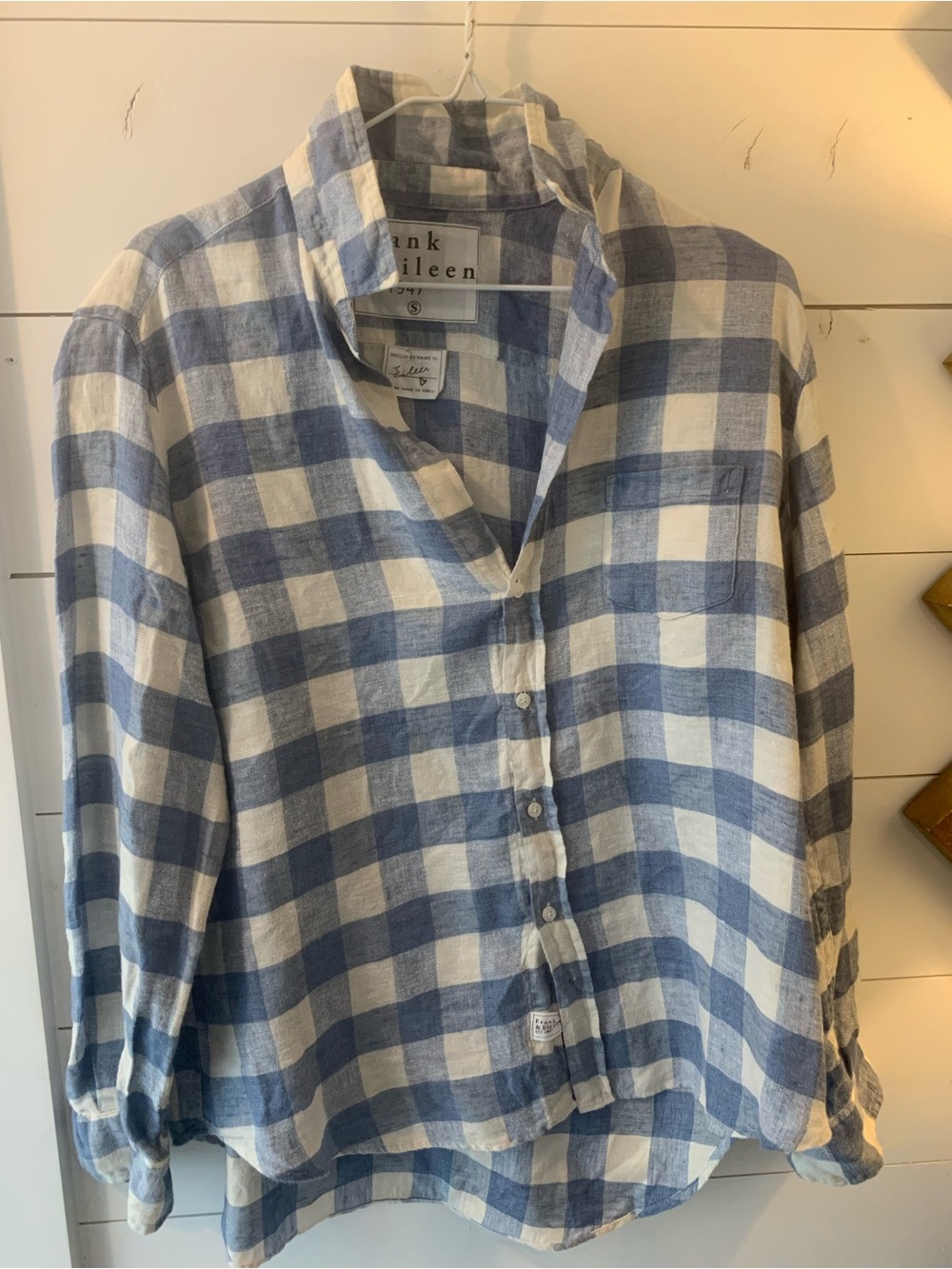 Frank & Eileen Blue and White Checked Linen Button-Down Shirt